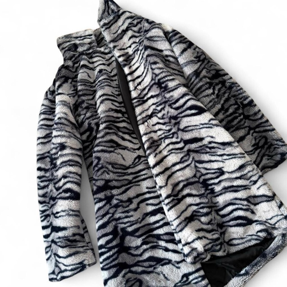 bebe Faux Fur Striped Jacket in Black and Cream
